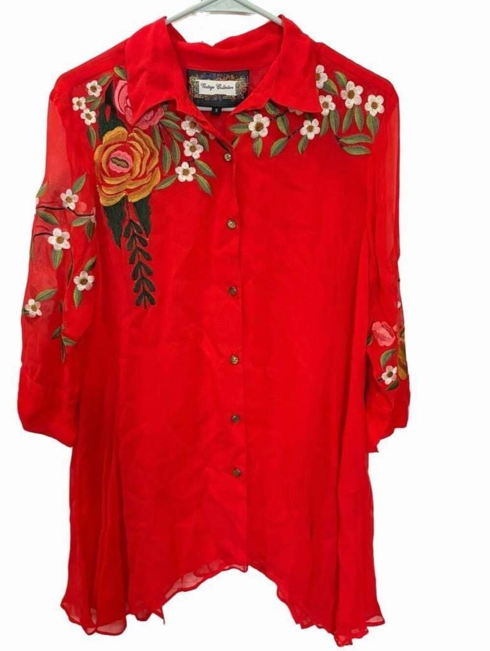 Red Floral Embroidered Viscose Tunic Blouse Women’s BOHO Romantic Western Small